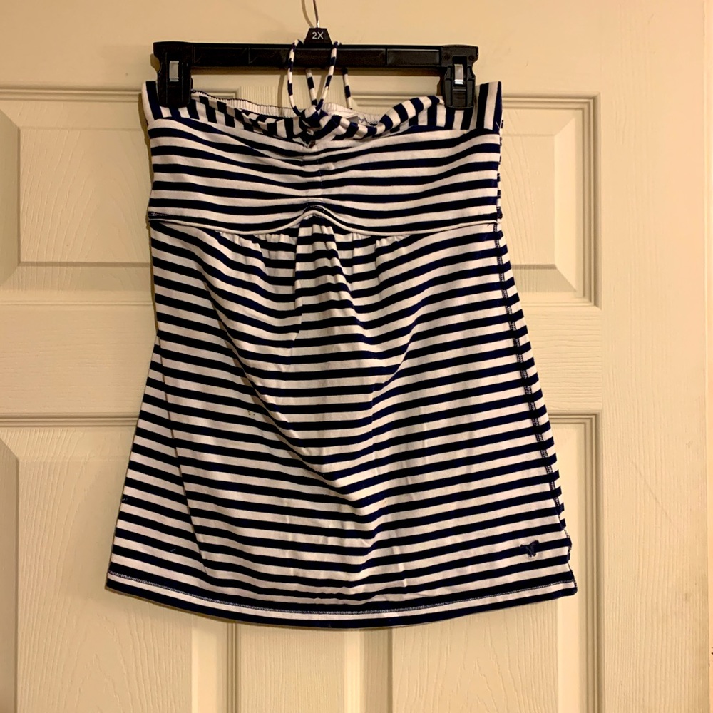 American Eagle navy and white strapless with tie around the neck string